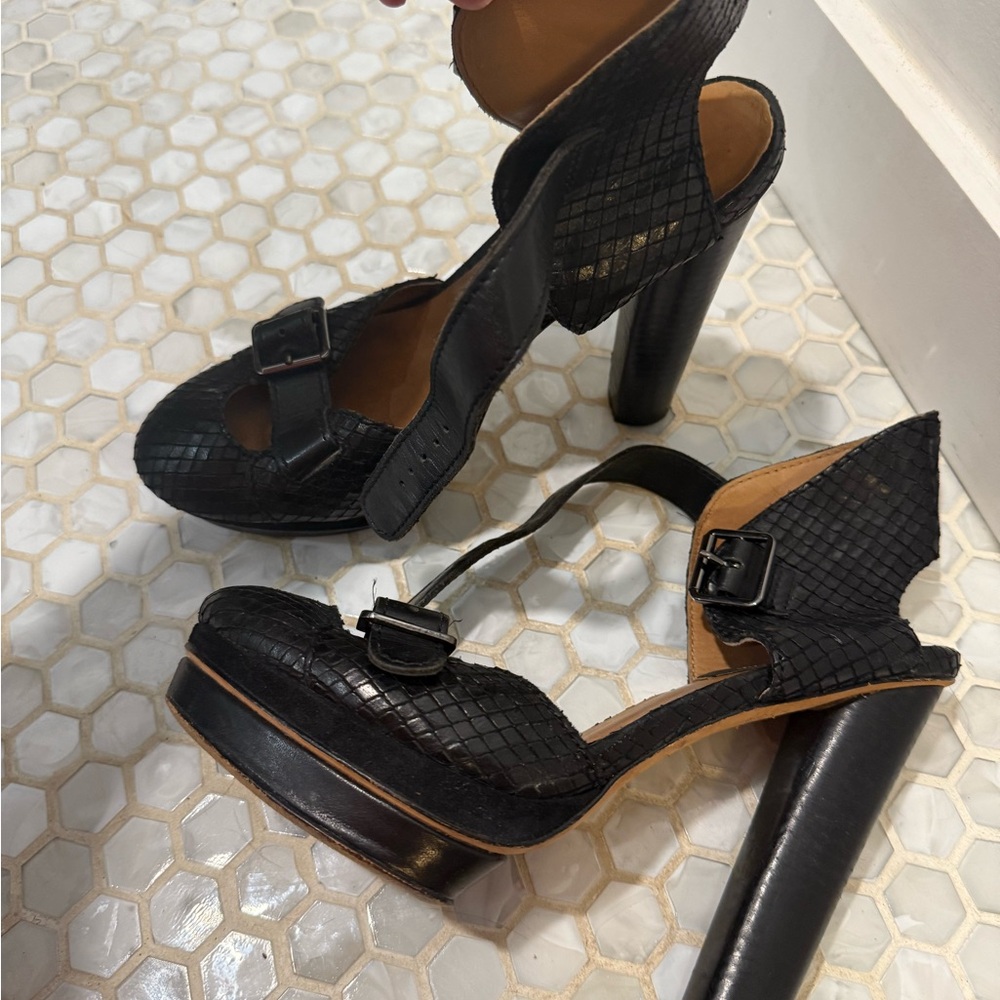 Ann Taylor Black Patent Leather Heels with Ankle Strap